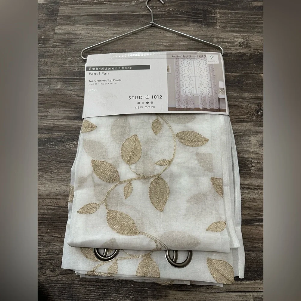 Studio 1012 Embroidered Sheer White Metallic Gold Leaf Curtains 76”x84”